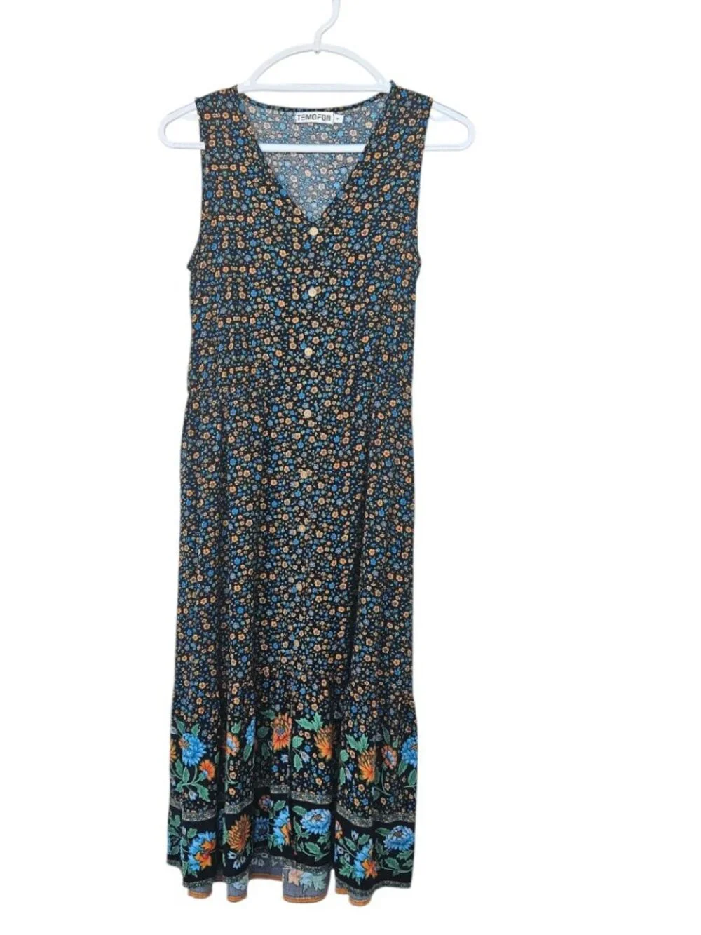 Temofon Summer Sundress side pockets V-Neck Sleeveless Small